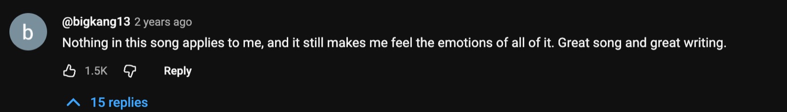 YouTube comment by @bigkang13: Nothing in this song applies to me, and it still makes me feel the emotions of all of it. Great song and great writing.