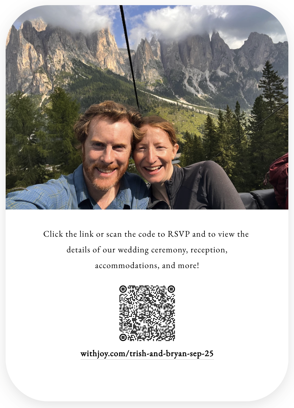 Wedding invitation, back: Trish & Bryan in the Dolomites with RSVP QR code