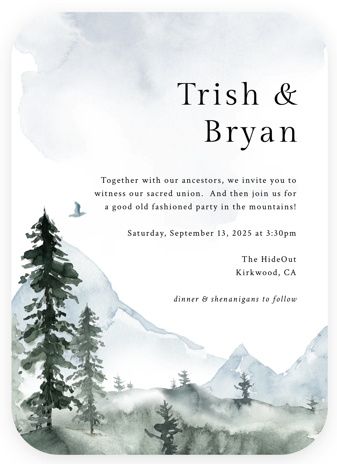 Wedding invitation, front: Trish & Bryan, watercolor mountains
